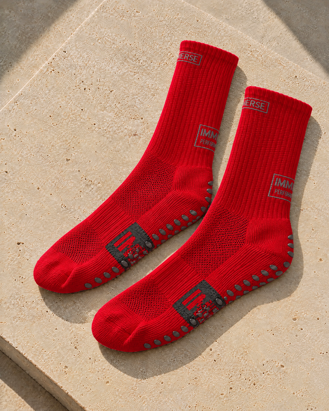 Immerse GRIP Crew Red, real product, laid on travertine